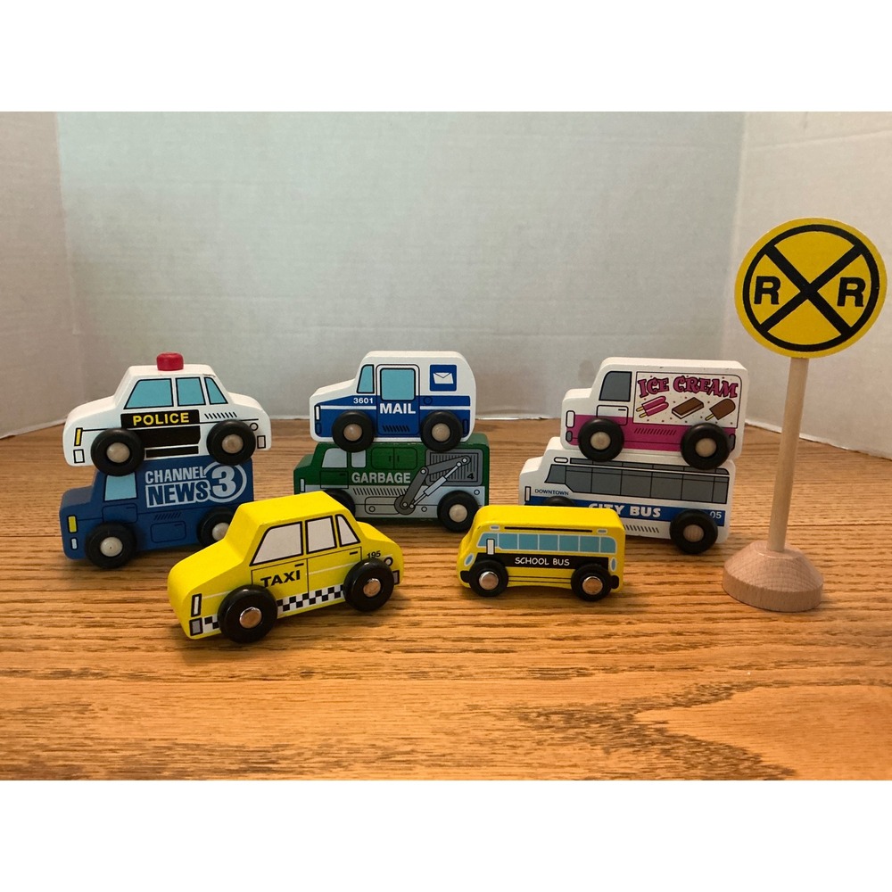 Lakeshore Learning Wooden Community Vehicles Set of 8 with Railroad Sign